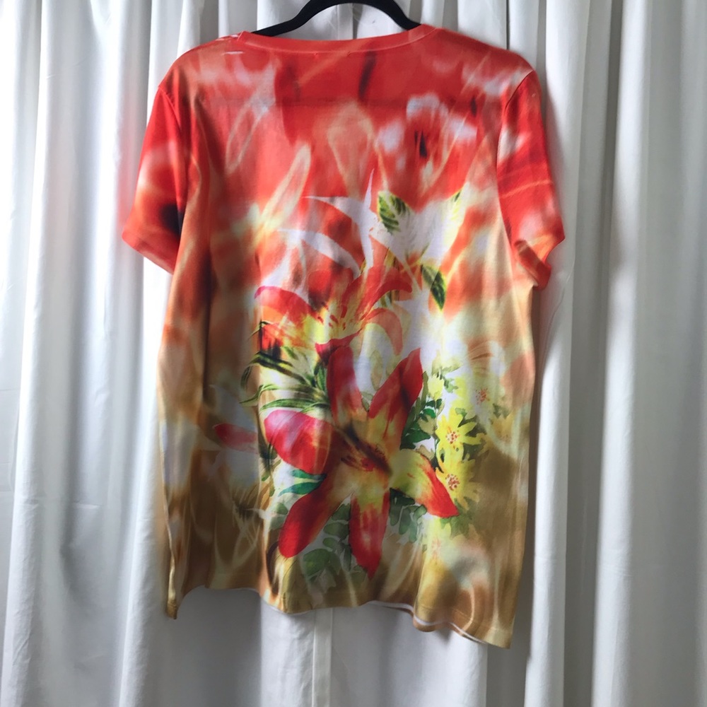 Chico's Coral, Red & Yellow Floral Short Sleeve Tee - Picture 3 of 4